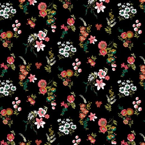 Baumwolle Stoff bunte Blumen auf schwarz