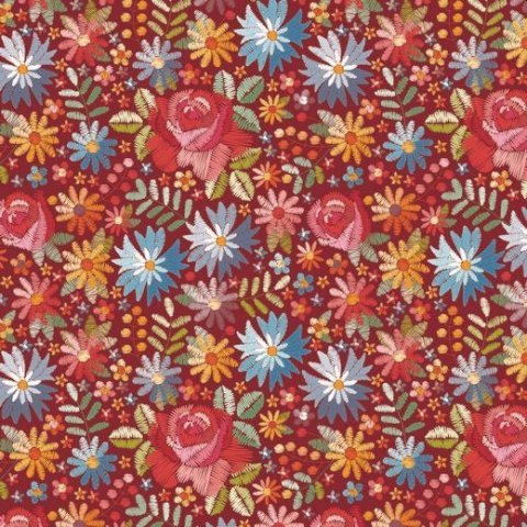 Baumwolle Stoff mit Stickblumen auf rot