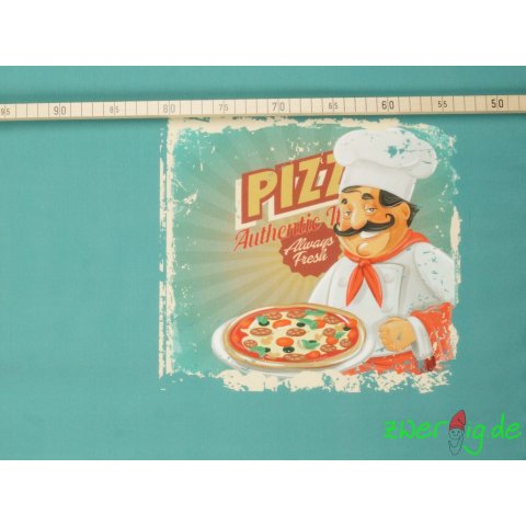 Jersey Stoff Panel Pizza auf petrol 70 cm lang