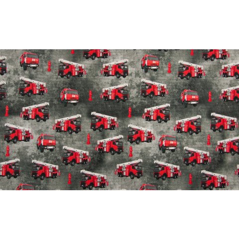 Jersey Stoff grau rote Feuerwehrautos Digitaldruck
