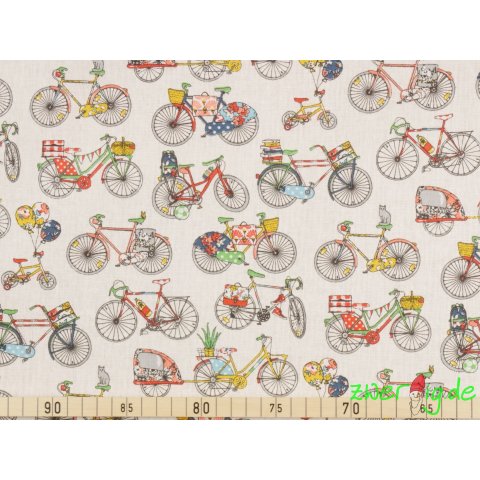 Baumwolle Stoff bunte Fahrräder auf elfenbein