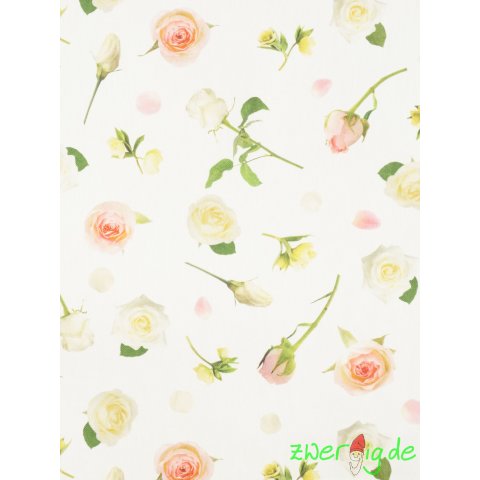Baumwolle Stoff weiß mit Rosen weiß und rosa Digitaldruck