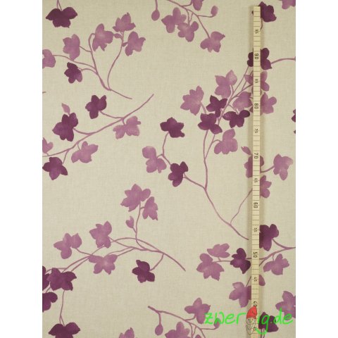 Baumwolle Mix Stoff violett lila Blumenranken auf natur