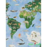 Baumwolle Stoff blau grün Weltkarte mit Tieren