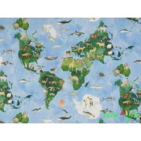 Baumwolle Stoff blau grün Weltkarte mit Tieren