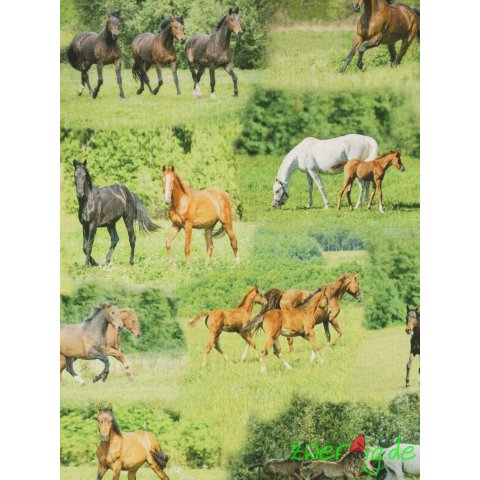 Baumwolle Stoff grün mit braunen Pferden Digitaldruck